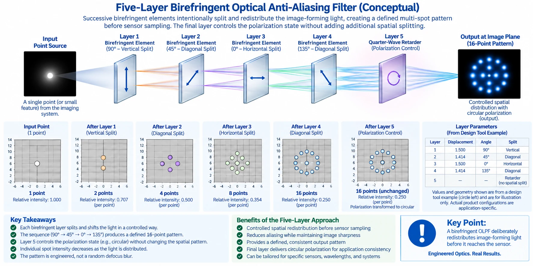 Five-layer birefringent OLPF spatial progression