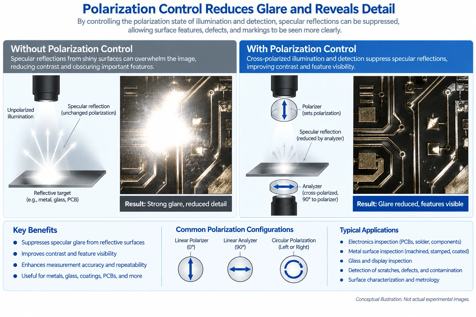 Polarization control reducing glare in reflective imaging